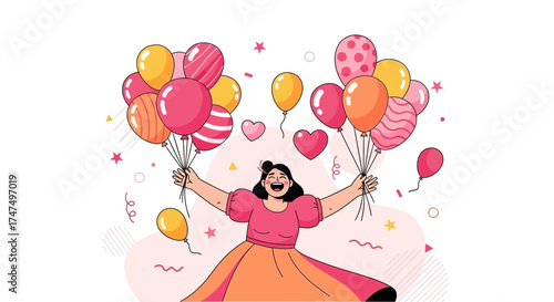 Joyful Woman Celebrating With Colorful Balloons, Surrounded By Hearts And Stars