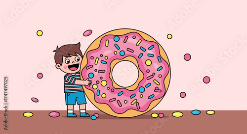Joyful Youngster Embracing Gigantic Doughnut With Colorful Sprinkles For Sweet Treat