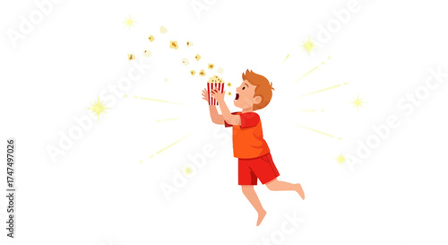 Joyful Youngster Enjoying Popcorn, Illustrated Delight, Celebrating Cinema Experience