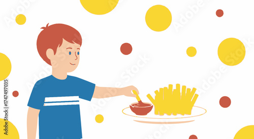 Joyful Youngster Enjoying Delicious Fries with Accompaniment of Sauce and Playful Bubbles