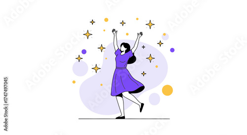 Joyful Woman Celebrating With Shining Stars, Happiness and Excitement Abstract Illustration