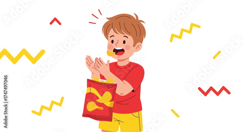 Joyful Youngster Excitedly Devouring Crispy Potato Chips Snack Amidst Playful Shapes