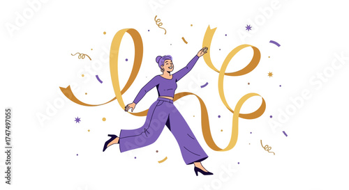 Joyful Woman Celebrating With Ribbons And Confetti In A Modern Minimalist Illustration