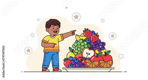 Joyful Youngster Points Toward Array Of Refreshing, Vibrant, and Delicious Fruits Displayed