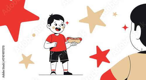 Joyful Youngster Holding A Hot Dog Under A Sky Embellished With Stars