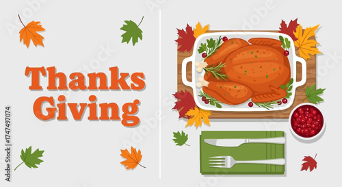 Flat lay of a traditional Thanksgiving dinner with roasted turkey, cranberry sauce, and fall leaves on a colorful background.