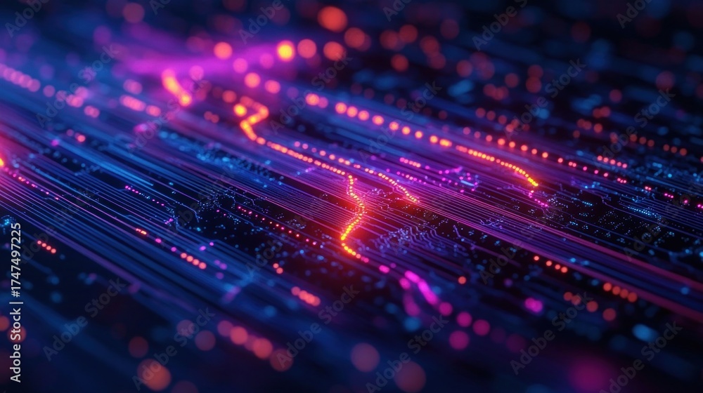 Obraz premium Close-up view of illuminated electronic circuit board with vibrant neon blue, purple, and orange light pathways conveying advanced technology and data flow