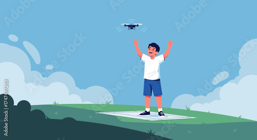 Joyful Youngster Watches Toy Drone Soaring Above, Celebrating Technological Innovation Skyward