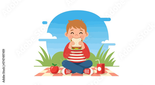 Kid Enjoying A Picnic, Eating A Sandwich, Cheerful Scene Depicting Lunchtime Activities