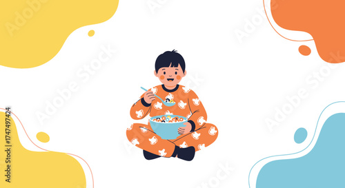 Kid Enjoying Breakfast Cereal In Pajamas With Bright Abstract Background