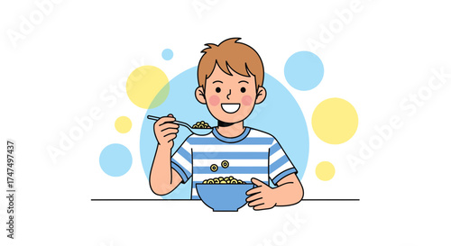 Kid Enjoying Breakfast: A Colorful Illustration Of Boy Eating Cereal In The Morning Scene