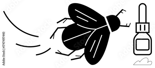 Black fly buzzing in mid-air near glue bottle, symbolizing pest control, household solutions, and adhesive applications. Ideal for pest management, DIY projects, ecology, home care, risks