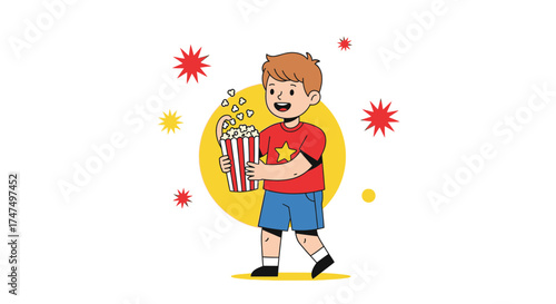 Kid Enjoying Fresh Popcorn, Perfect for Movie Night Fun, Cartoon Illustration Style