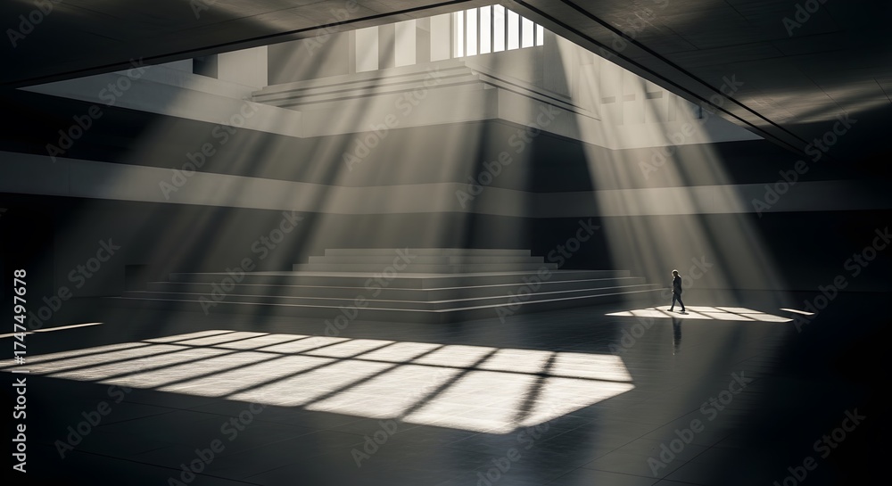 Obraz premium Illuminated Staircase with Dramatic Light Rays and a Lone Figure