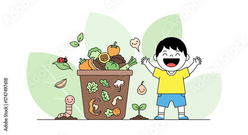 Kid's Joyful Reaction to Compost Heap and Eco-Friendly Garbage in the Garden