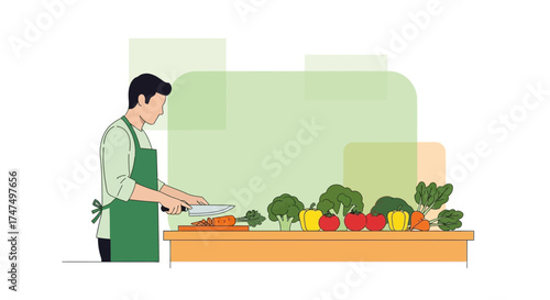 Kitchen Illustration Depicting A Person Preparing Fresh Vegetables For Cooking Healthy Dishes