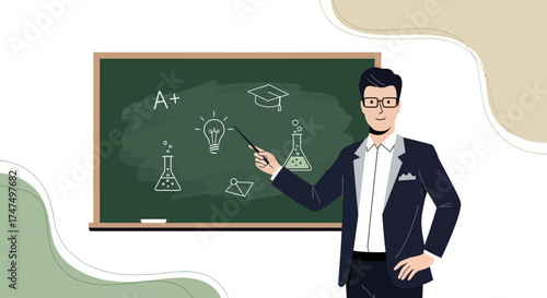 Knowledgeable Educator Explaining Scientific Principles At The Blackboard Presentation