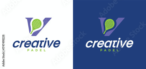 Padel vector logo with racket combination, collection of padel sports logos with the letter V.