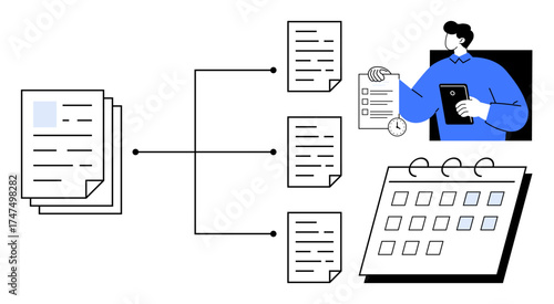 Stack of organized files, document distribution network, calendar planner, and individual using tablet. Ideal for productivity, workflow, planning, organization, time management scheduling