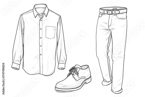 Elegant Ensemble: A sophisticated illustration showcases a timeless shirt, perfectly paired with tailored trousers and stylish shoes, ready for any occasion.