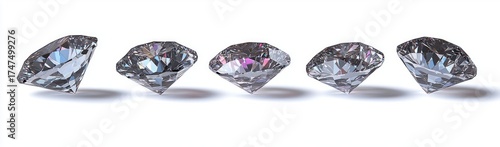 Five sparkling diamonds aligned in a row on a white surface reflecting colorful light creating elegant shadows
