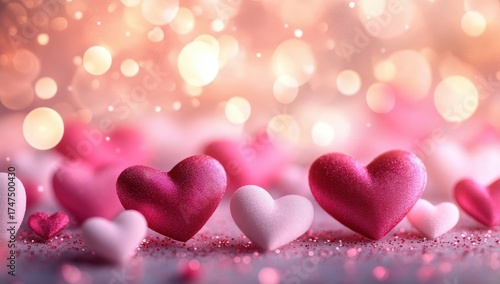 Close-up of various pink and red heart-shaped decorations scattered on a surface with soft glowing bokeh lights in the background, creating a romantic atmosphere