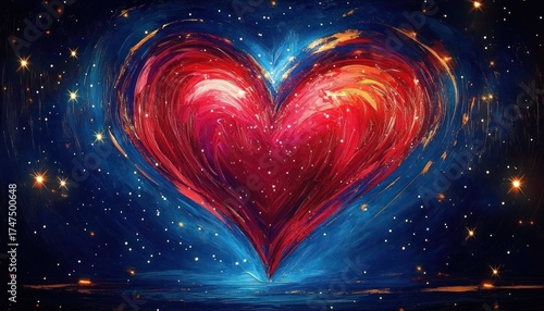 Vibrant red heart glowing against a swirling blue cosmic background filled with stars, conveying love and a sense of wonder
