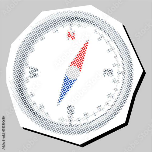 Compass halftone dotted collage element pointillize in paper torn vector. Ideal for navigation, direction, and vintage map themes. This graphic provides a textured, retro look to a classic guide tool.