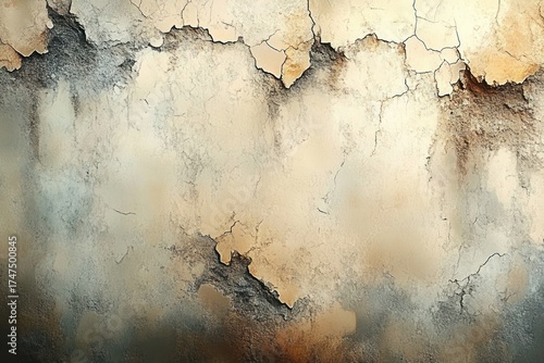 Close-up of a cracked and peeling wall surface showing layers of aged paint and exposed plaster in beige, brown, and gray tones