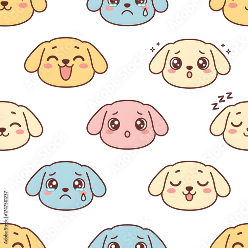 Colorful Dog Emotions. Cartoon art. Seamless pattern.