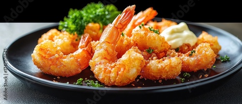 Close-up of golden crispy fried shrimp served on a black plate garnished with fresh green herbs and a dollop of creamy sauce, evoking a delicious and appetizing mood
