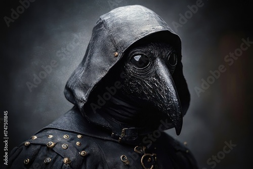 Mystical figure wearing a black plague doctor mask with a long beak and large round eye lenses, dressed in a dark leather hooded cloak adorned with brass studs, evoking mystery and historical intrigue