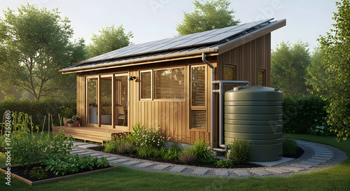 Modern Compact Sustainable Prefab Home Design with Solar Panels and Rainwater Harvesting System Nestled in a Lush Green Garden Environment, Showcasing Eco-Friendly Living and Resource Efficiency