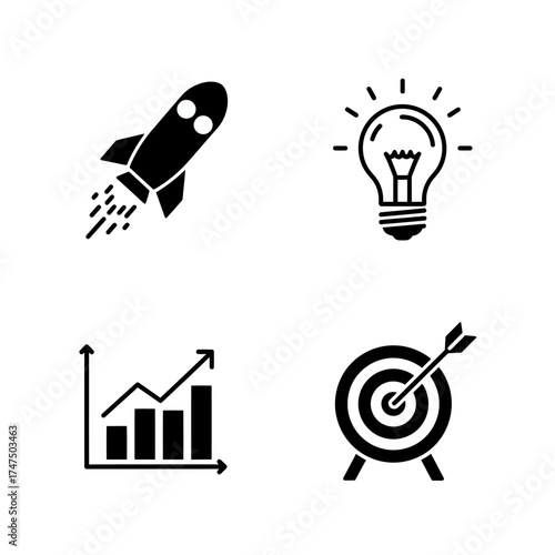 A collection of business and innovation icons, including a rocket ship, lightbulb, growth chart, and a target with an arrow.