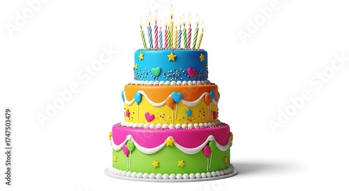 Colorful three tiered birthday cake with candles on a white background