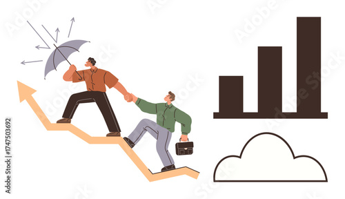 Person with umbrella helping colleague climb upward arrow alongside bar graph and cloud. Ideal for teamwork, leadership, growth, support, resilience, collaboration, strategy a simple flat metaphor