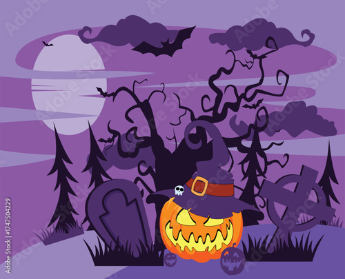 Halloween background with creepy pumpkin lantern, tombstone, bat, old tree and full moon