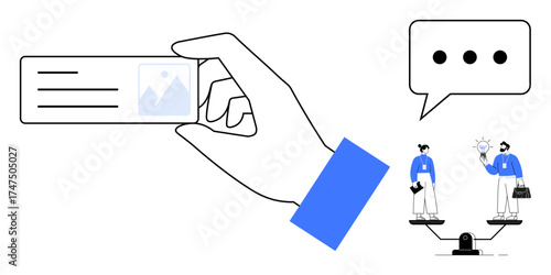 Hand holding a business card, balance scale with professionals discussing innovation, and dialogue bubble. Ideal for networking, communication, equality, leadership, teamwork, business growth