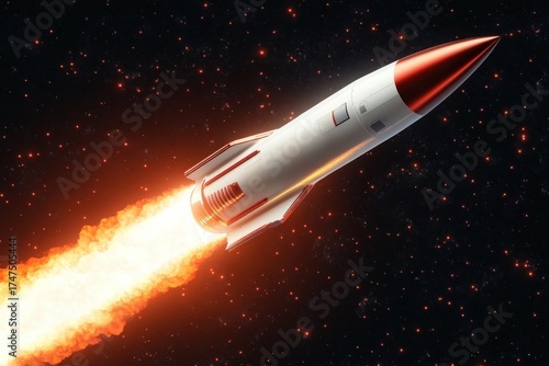 Fototapeta Naklejka Na Ścianę i Meble -  White and red rocket launching through space with fiery exhaust trail against a starry background, signifying power and exploration