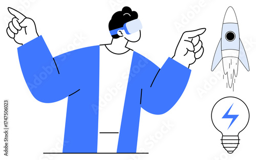 Person in virtual reality headset gesturing towards rocket and lit light bulb. Ideal for innovation, technology, creativity, brainstorming, futuristic ideas, vision, entrepreneurship. Minimalist flat