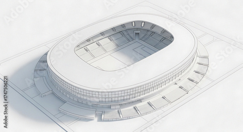 Architectural rendering of a stadium with a white background and detailed line work showcasing design