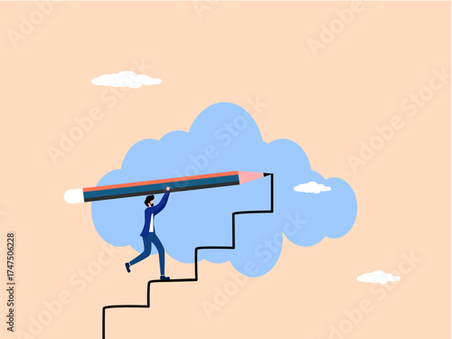 Creating Successful Career Path, businessman uses a large pencil to draw a flight of stairs and walk up them