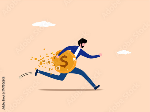 Financial crisis, businessman holding dollar coin as they fall apart