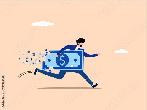 Losing money, businessman holding dollar bills as they dissipate