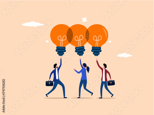 team of businesspeople sharing a common idea, businesspeople sharing a lightbulb idea.