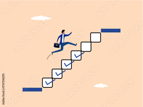 Development or challenge, businessman runs on a checklist ladder to reach the goal