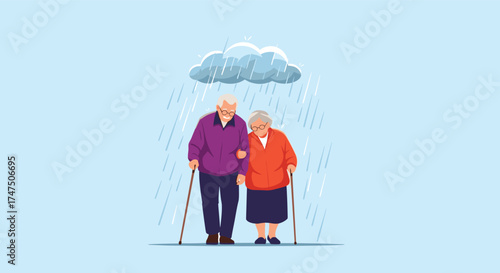 An elderly couple walking together under an umbrella during a rain shower
