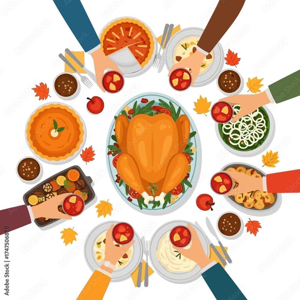 Fototapeta premium Top-down view of a family or friends sharing a festive Thanksgiving dinner with turkey and pie.