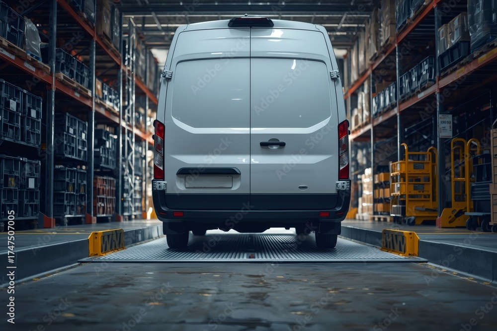 Naklejka premium White delivery van on loading dock in warehouse
