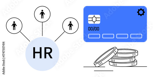 HR circle connecting employees, payment card, stacked coins. Ideal for HR processes, payroll, organizational finance, employee benefits, workforce management recruitment collaboration. Simple flat